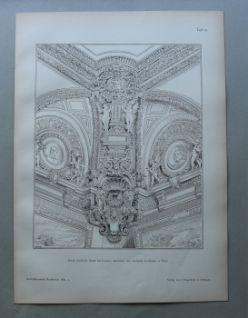 Holzstich Architektur Paris 1887 stuckierte Decke im Louvre